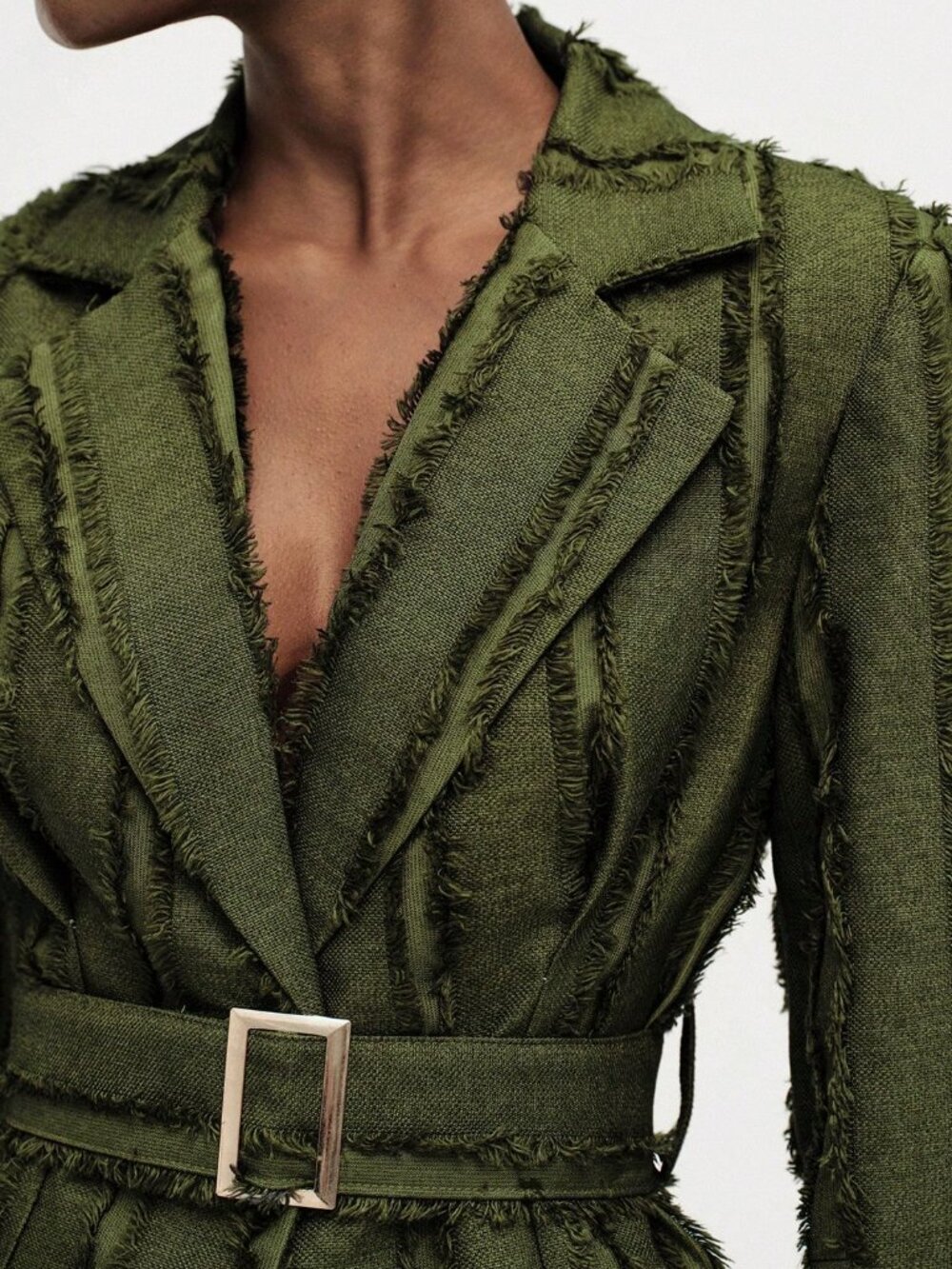 Army Green Elegant Women's Tassel Cut-Out Blazer with Metal Buckle Belt